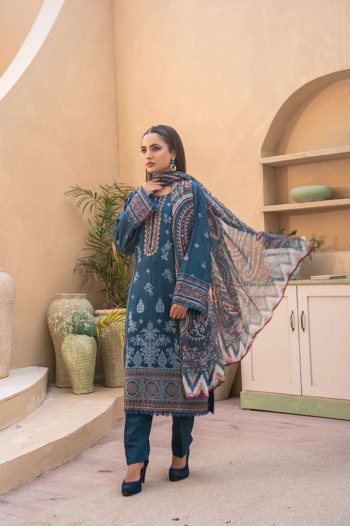 Embroidered Viscose Suit- Navy
