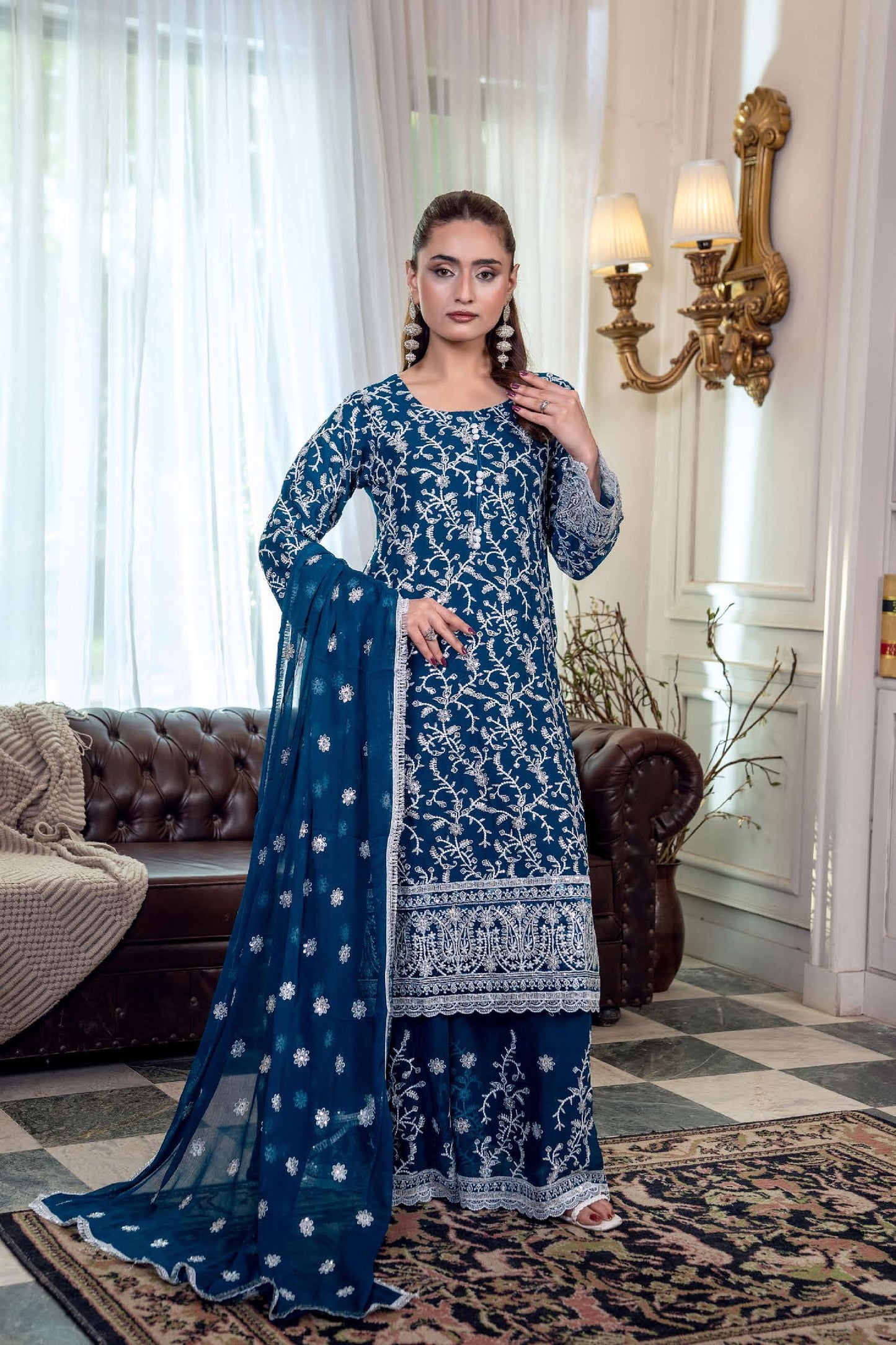 Chiffon Embroidered Suit - Navy