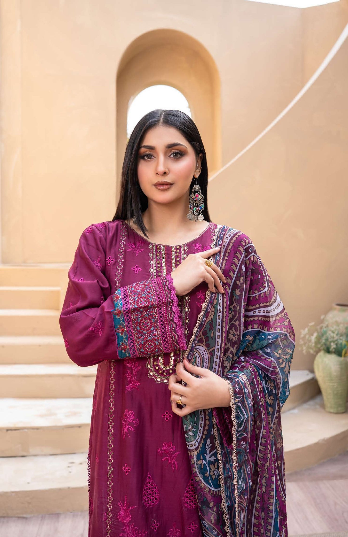 Embroidered Viscose Suit- Maroon