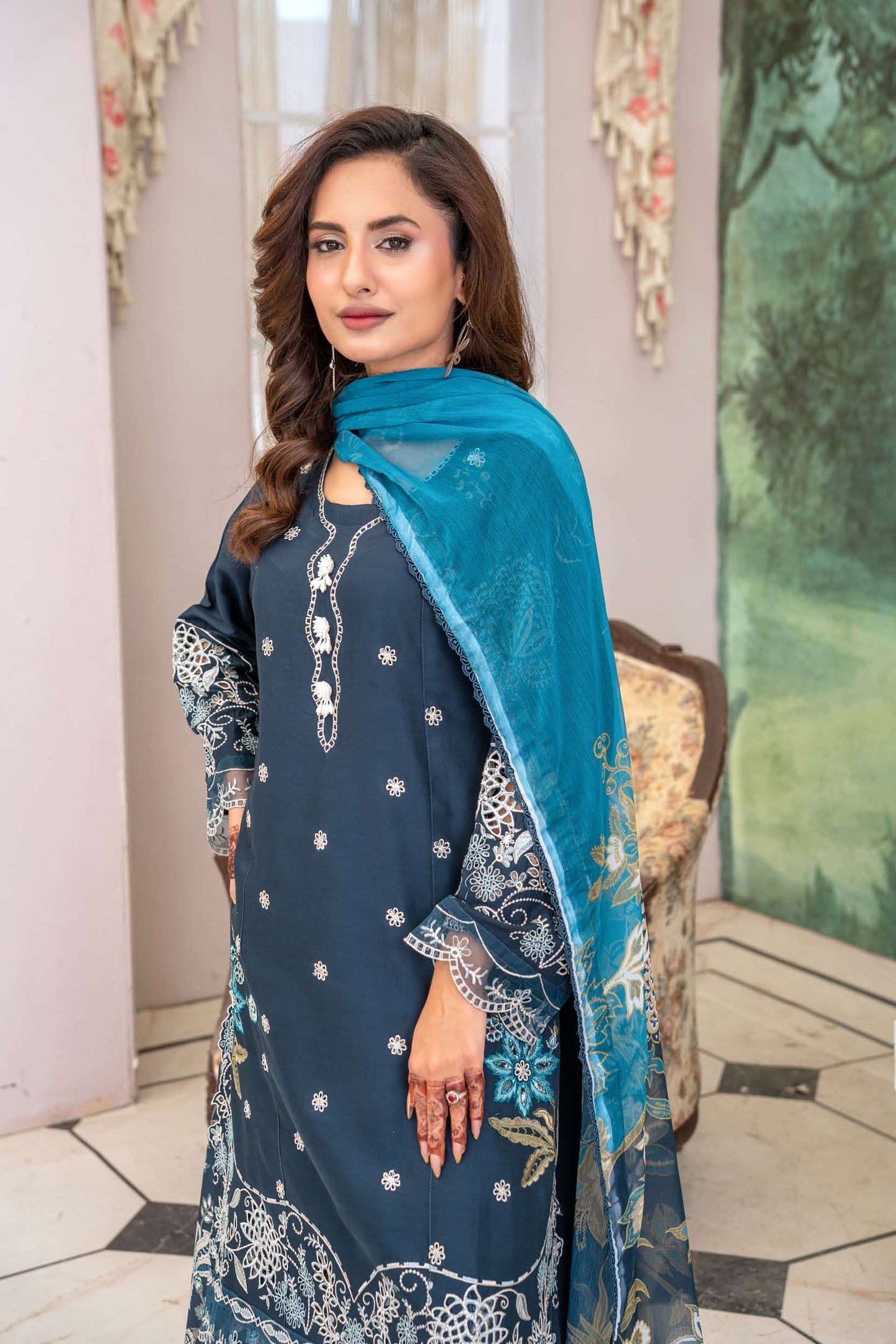 Teal Linen Floral Sharara - D1