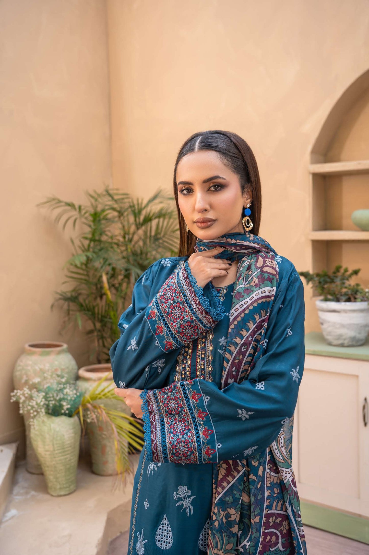 Embroidered Viscose Suit- Navy