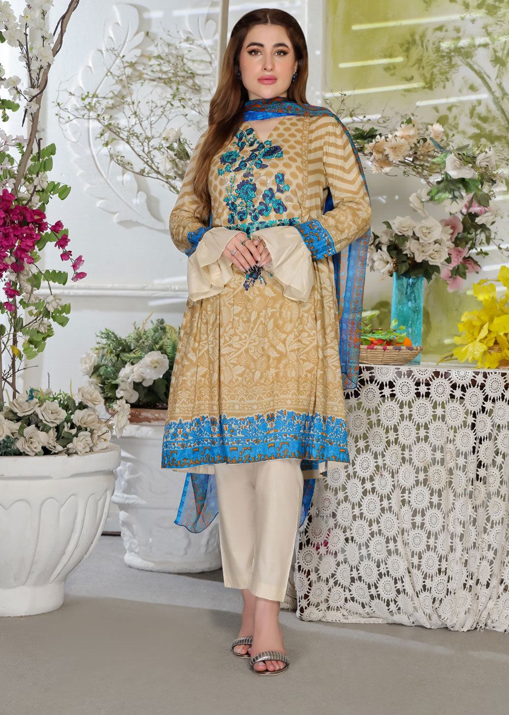 Lawn Suit Beige/Blue 47007C