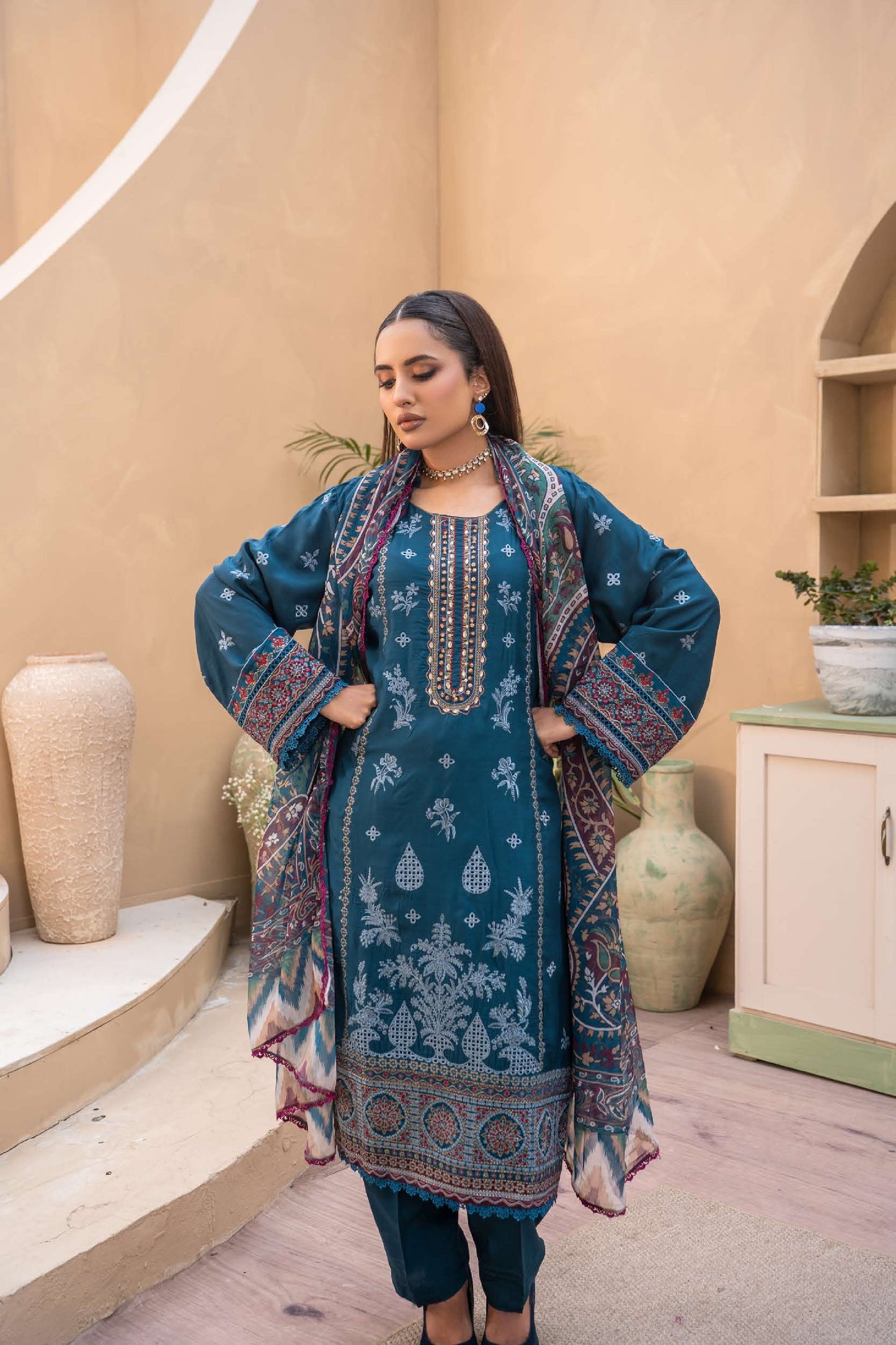 Embroidered Viscose Suit- Navy