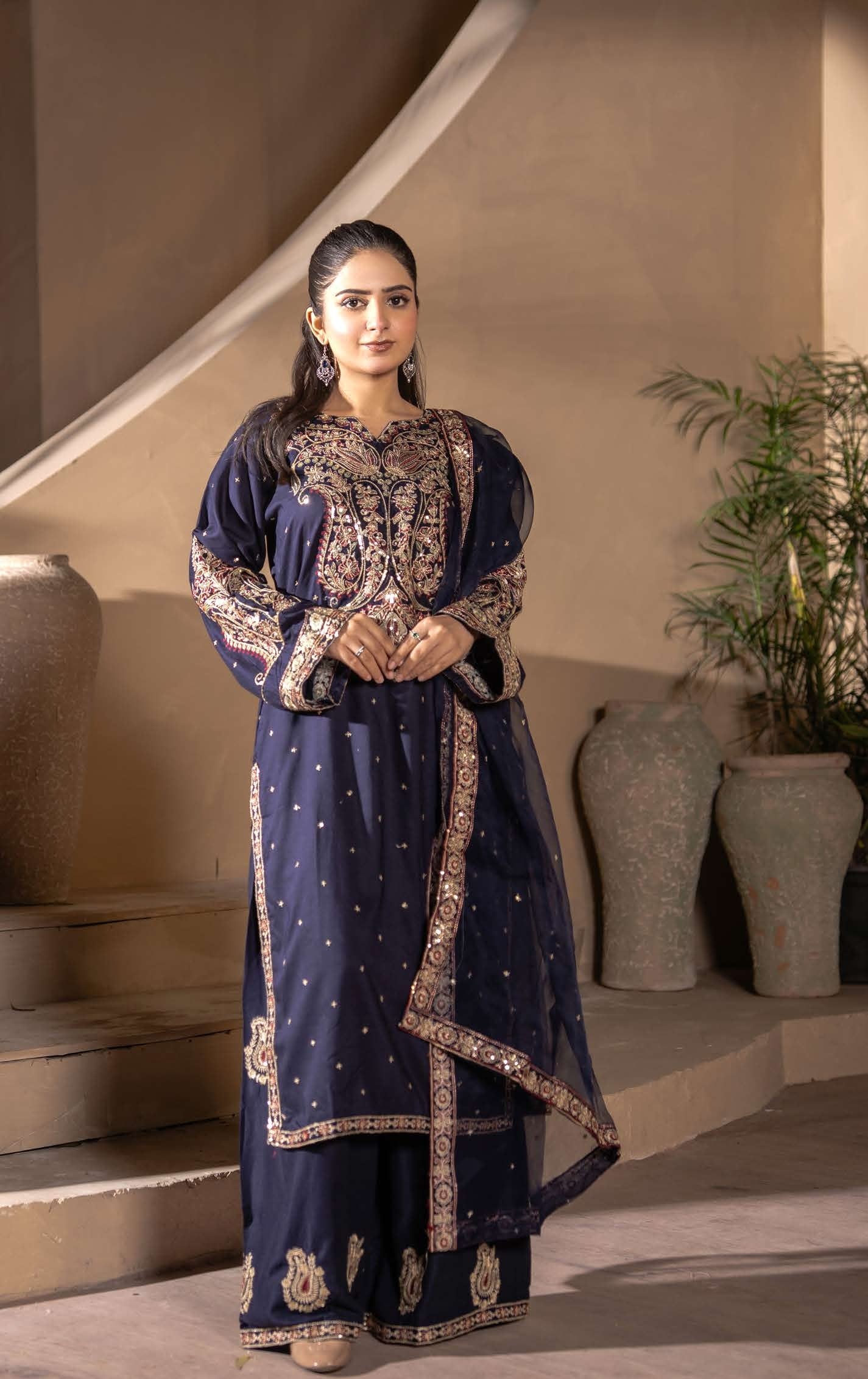 Mother Daughter Linen Embroidered - Navy