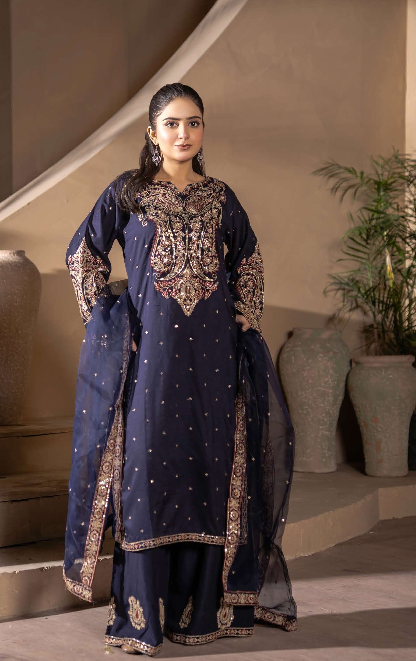 Mother Daughter Linen Embroidered - Navy