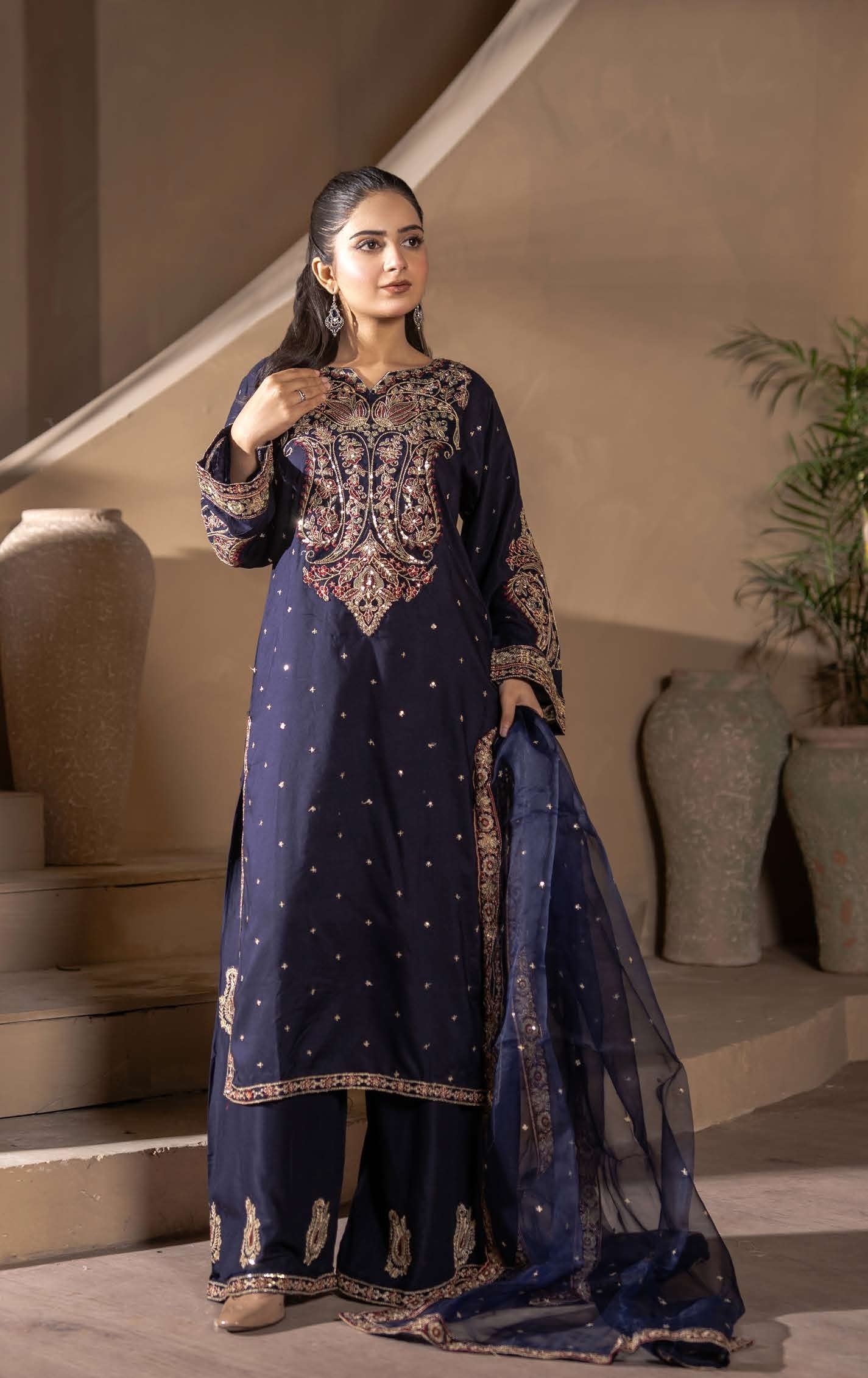 Mother Daughter Linen Embroidered - Navy