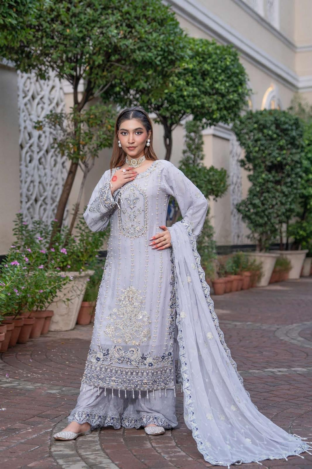 Chiffon Lux Embroidered Suit- design 9