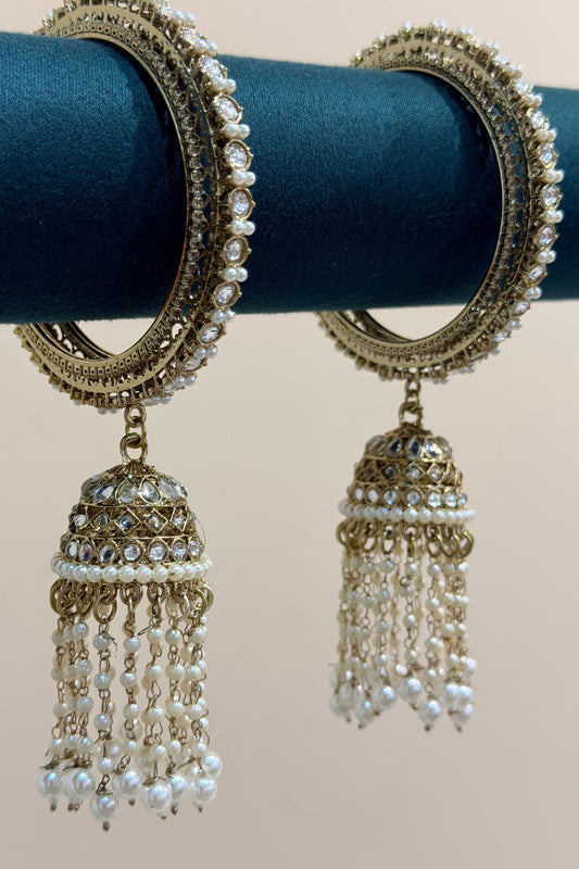 Antik-Gold Jhumka Bangles with hanging Pearls long