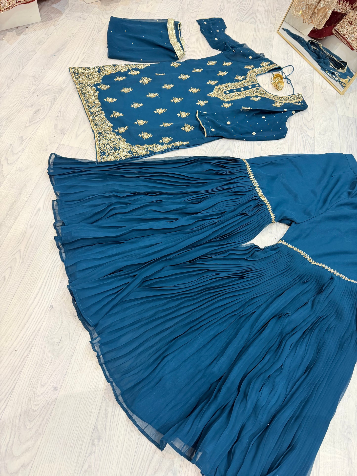 Teal Blue Elegance – Heavy Georgette Embroidery and Handwork  Sharara Suit