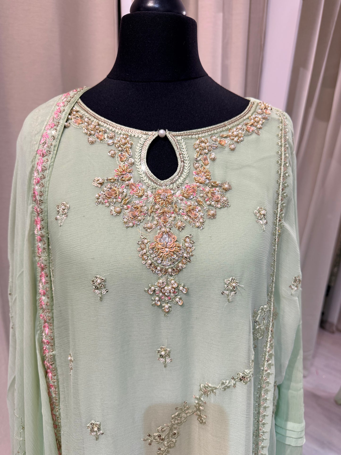 Embroidered Chiffon with work- avacado green
