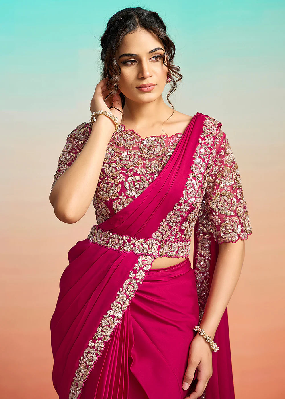 Pink Satin Pre-Stitched Saree with Belt – Elegant & Easy to Wear