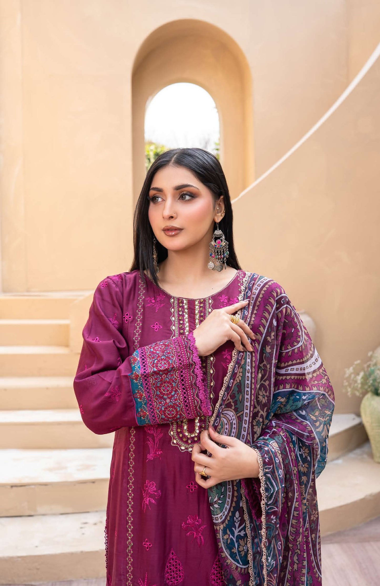 Embroidered Viscose Suit- Maroon