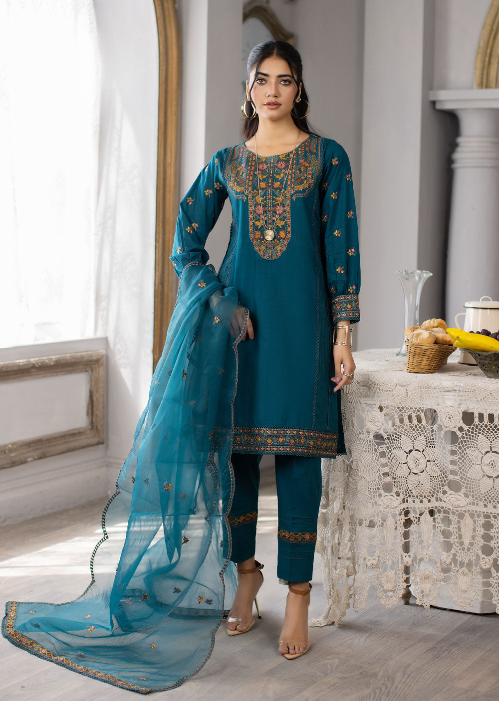 Embroidered Cotton Suit TEAL MDM 71