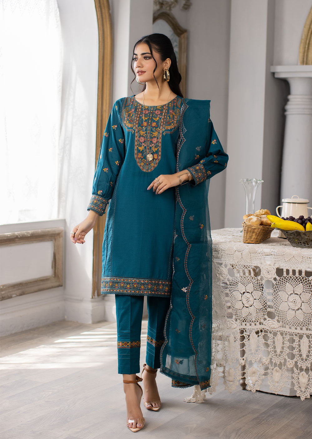 Embroidered Cotton Suit TEAL MDM 71