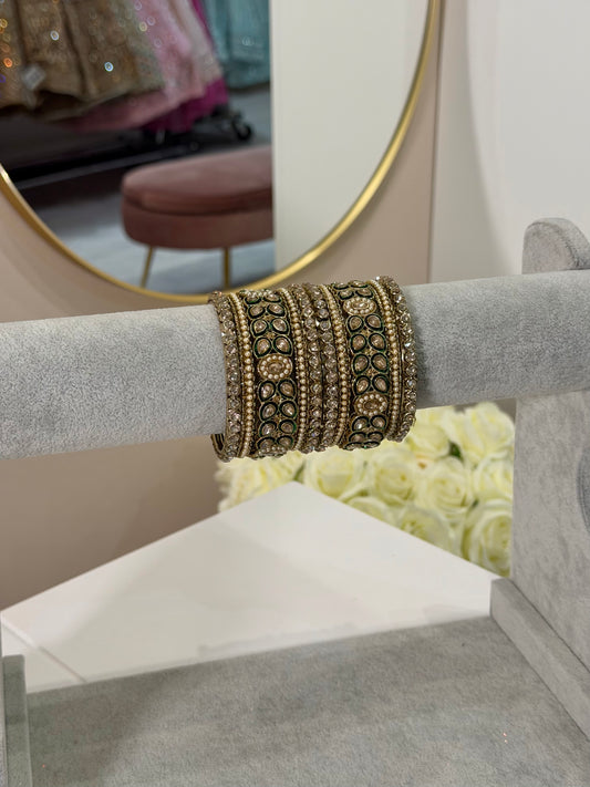Green / Gold Metal Bangles - 10-teilig -D2