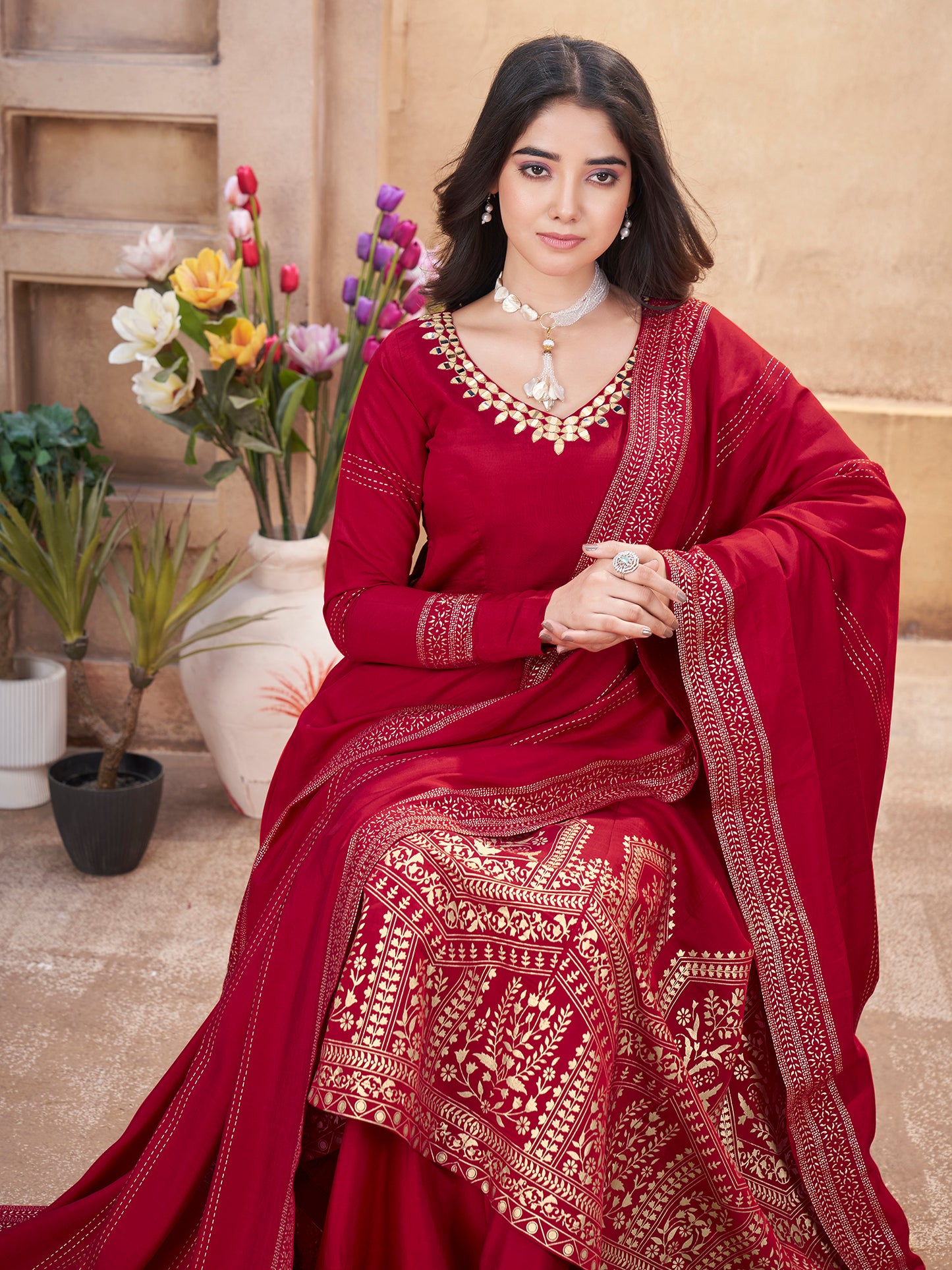 Red Roman Silk Ready to Wear Mirror Work- Shubhkala