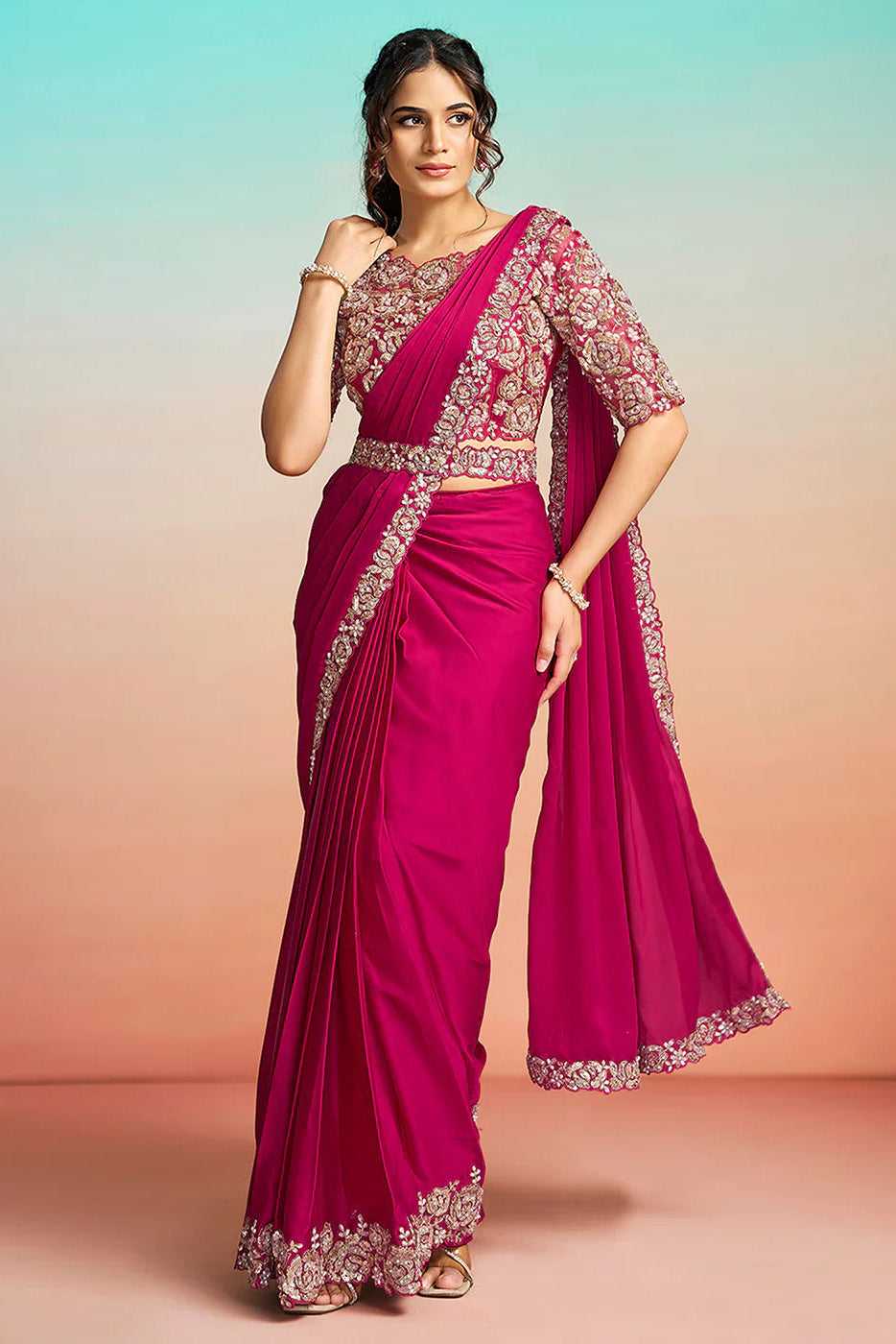 Pink Satin Pre-Stitched Saree with Belt – Elegant & Easy to Wear