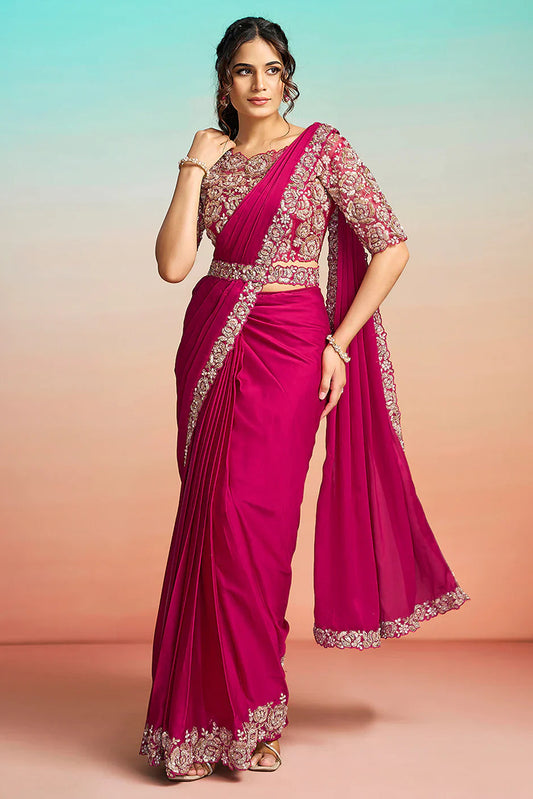 Pink Satin Pre-Stitched Saree with Belt – Elegant & Easy to Wear