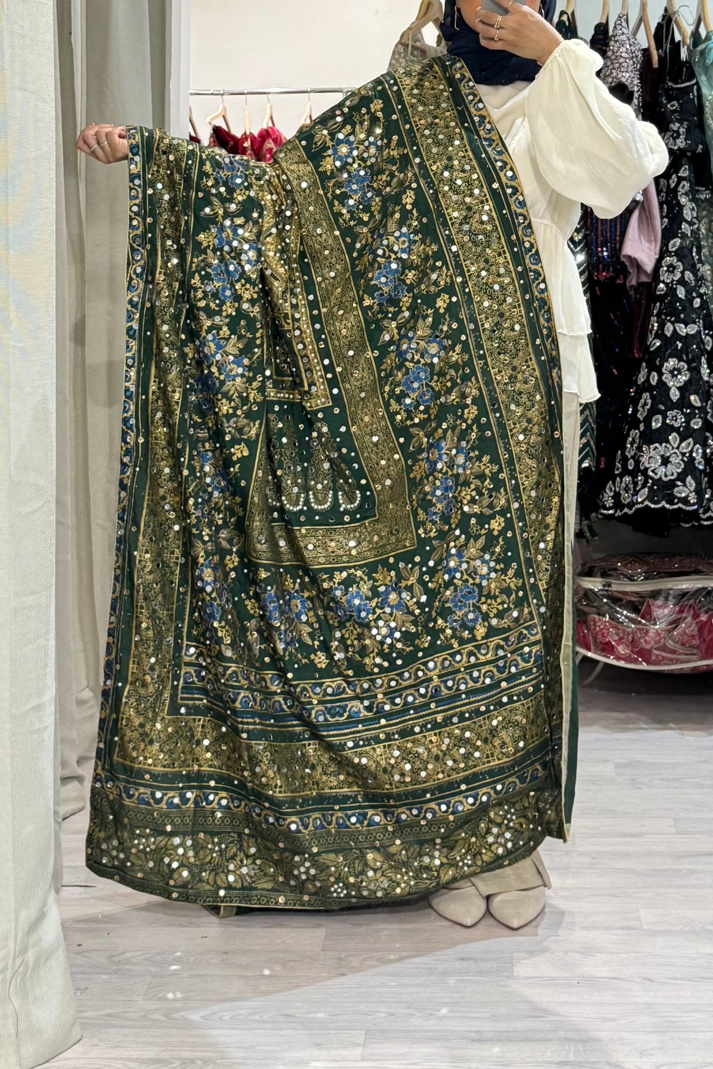 Mirror work Dupatta Green