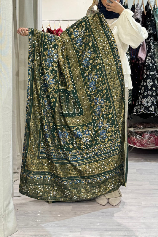 Mirror work Dupatta Green