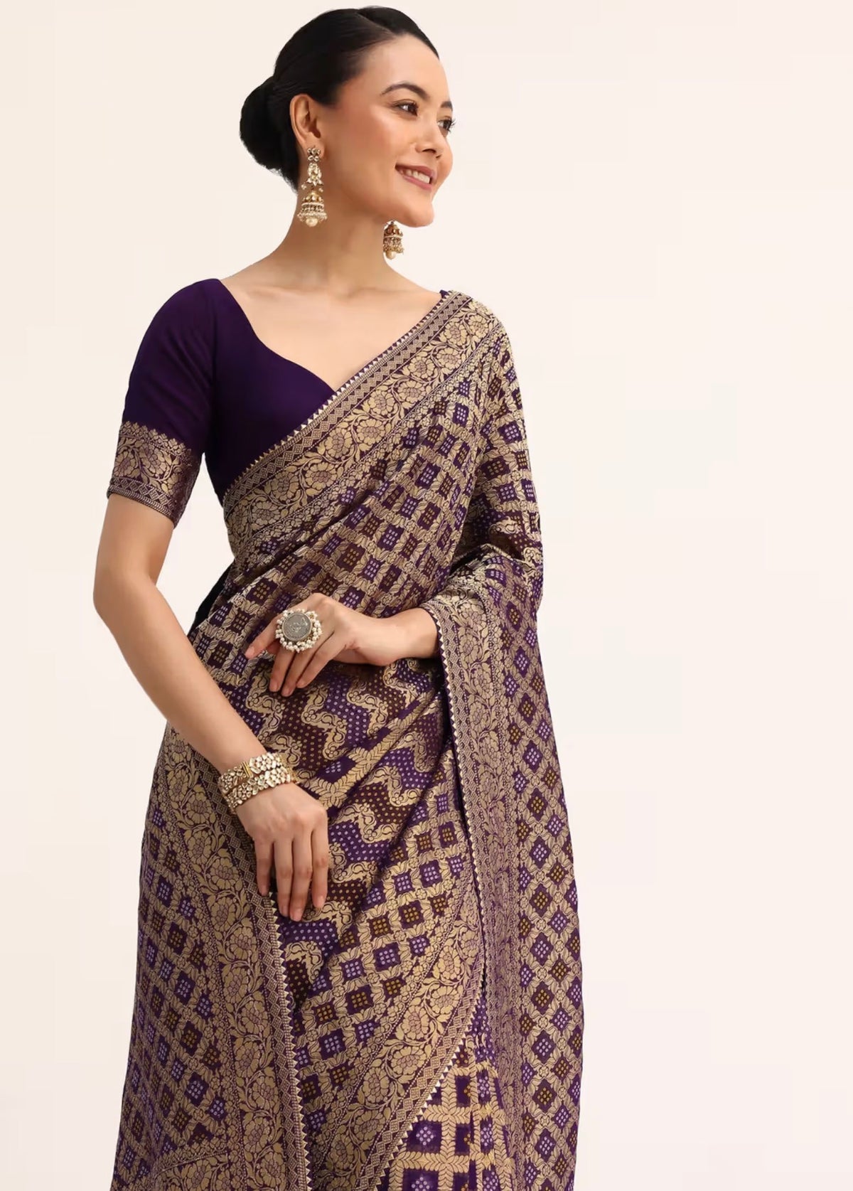 Purple Bandhani Ready Made Instant Saree - Sleeveless Blouse