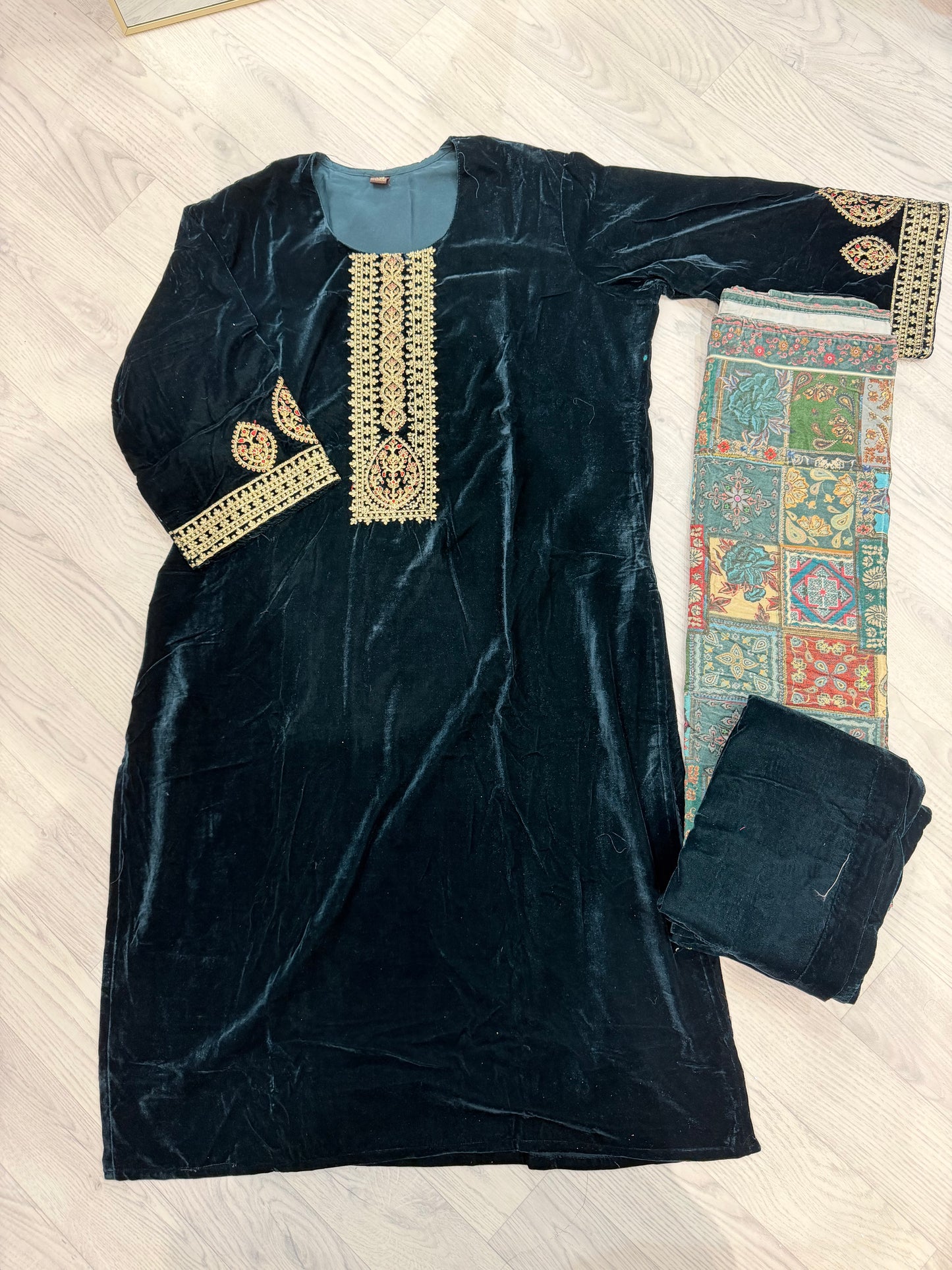 Velvet Festive 3-Piece Suit – Teal blue- Multi colour dupatta