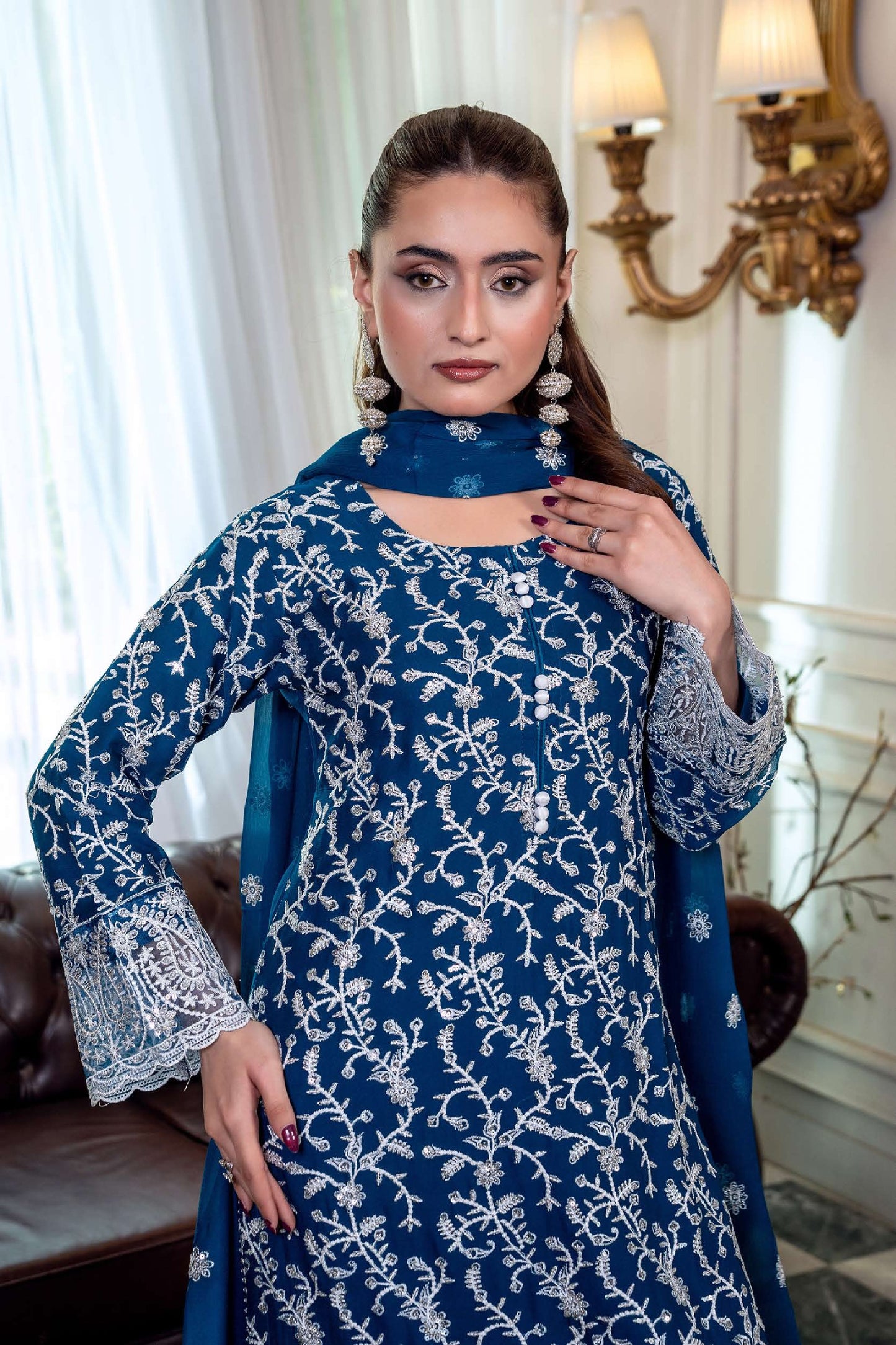 Chiffon Embroidered Suit - Navy