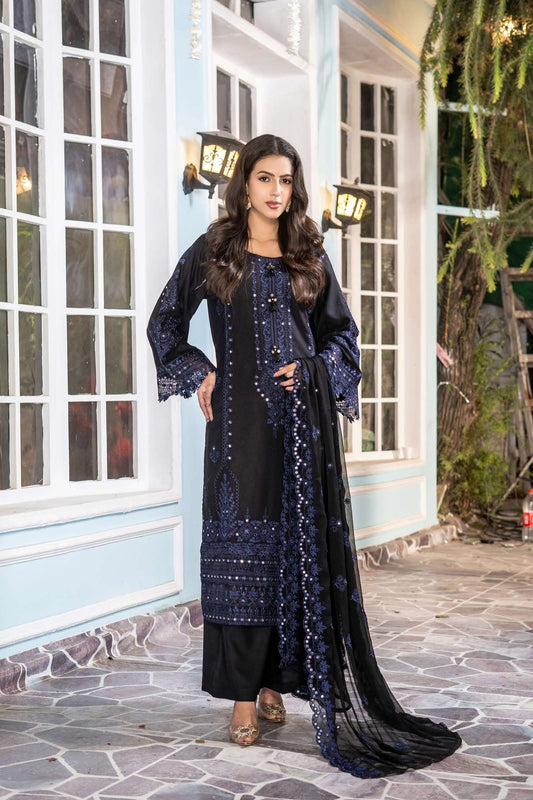 Embroidered Dhanak  Set- Navy/ Black