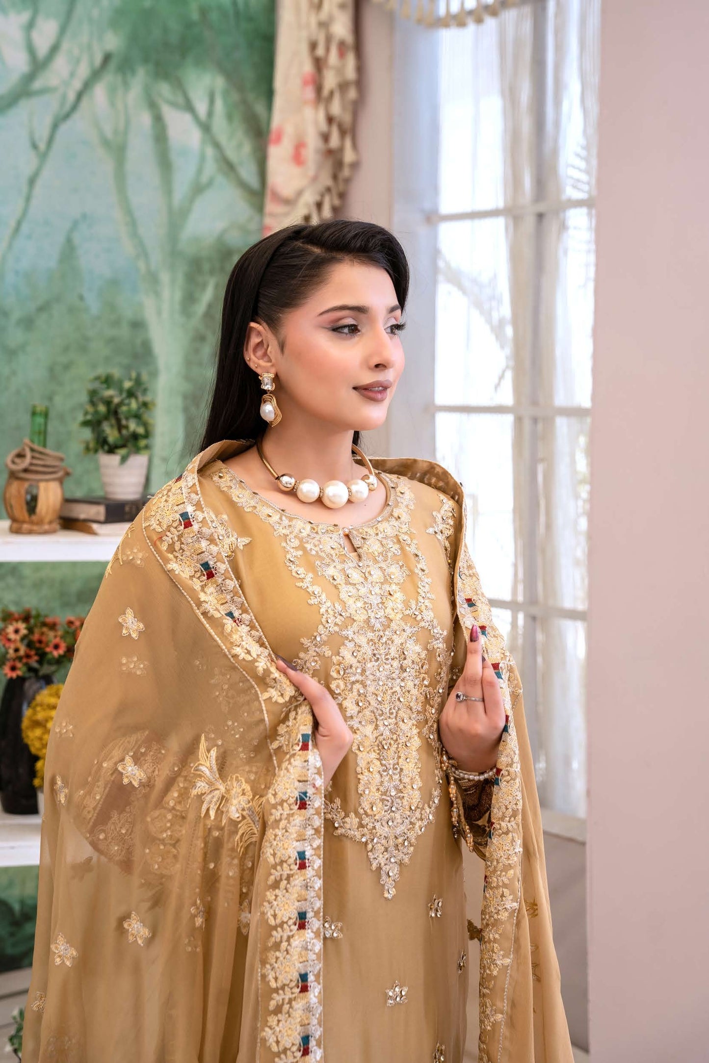 Chiffon Lux Embroidered Suit- Golden