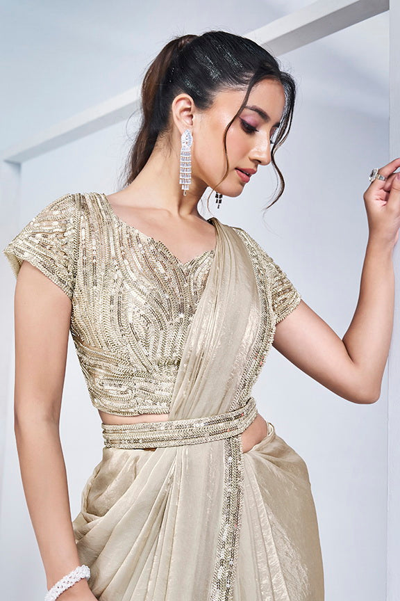 Creme Golden Satin Pre-Stitched Saree with Belt – Elegant & Easy to Wear