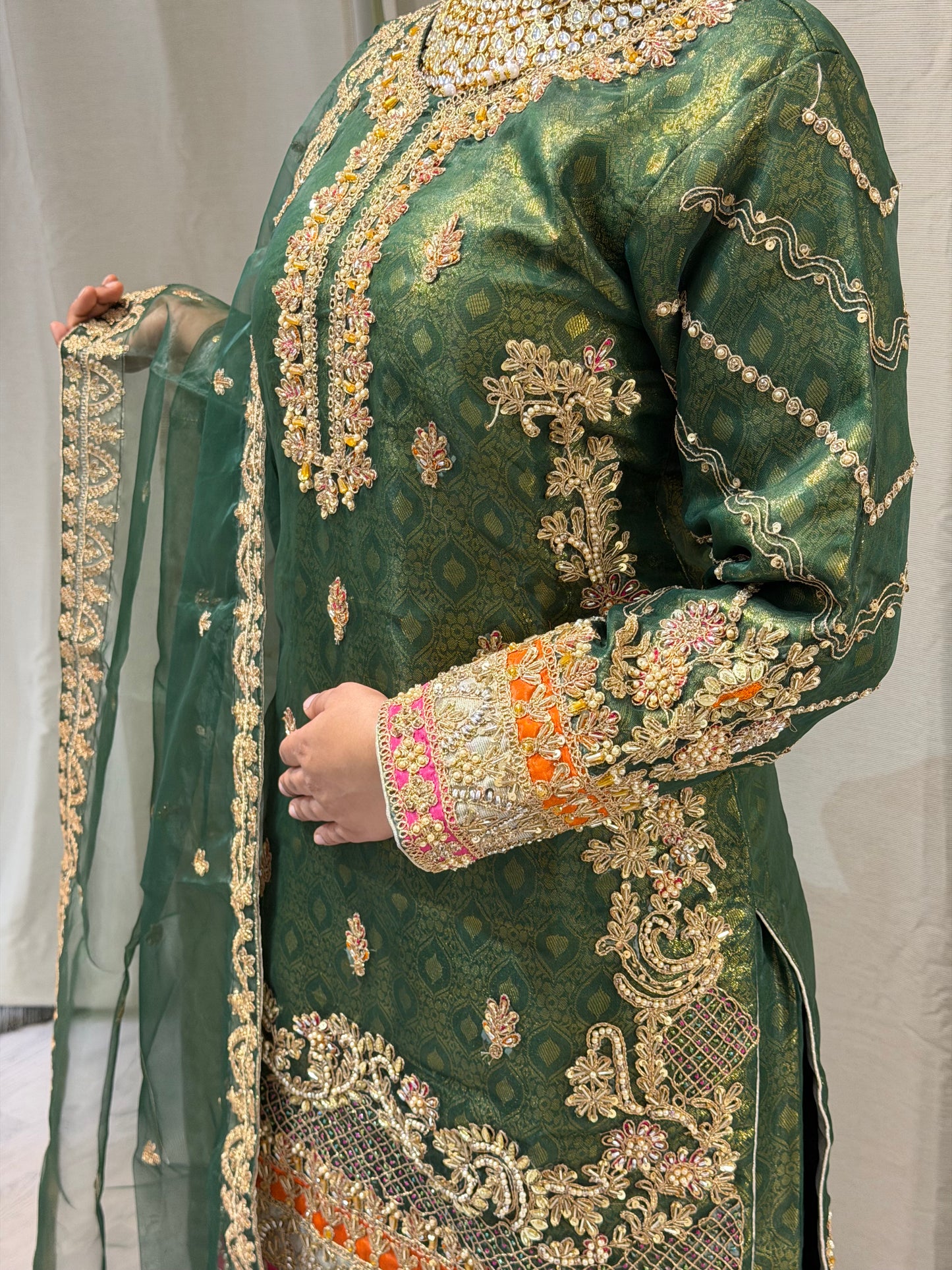 Banaras Print Forest Green Net Sharara