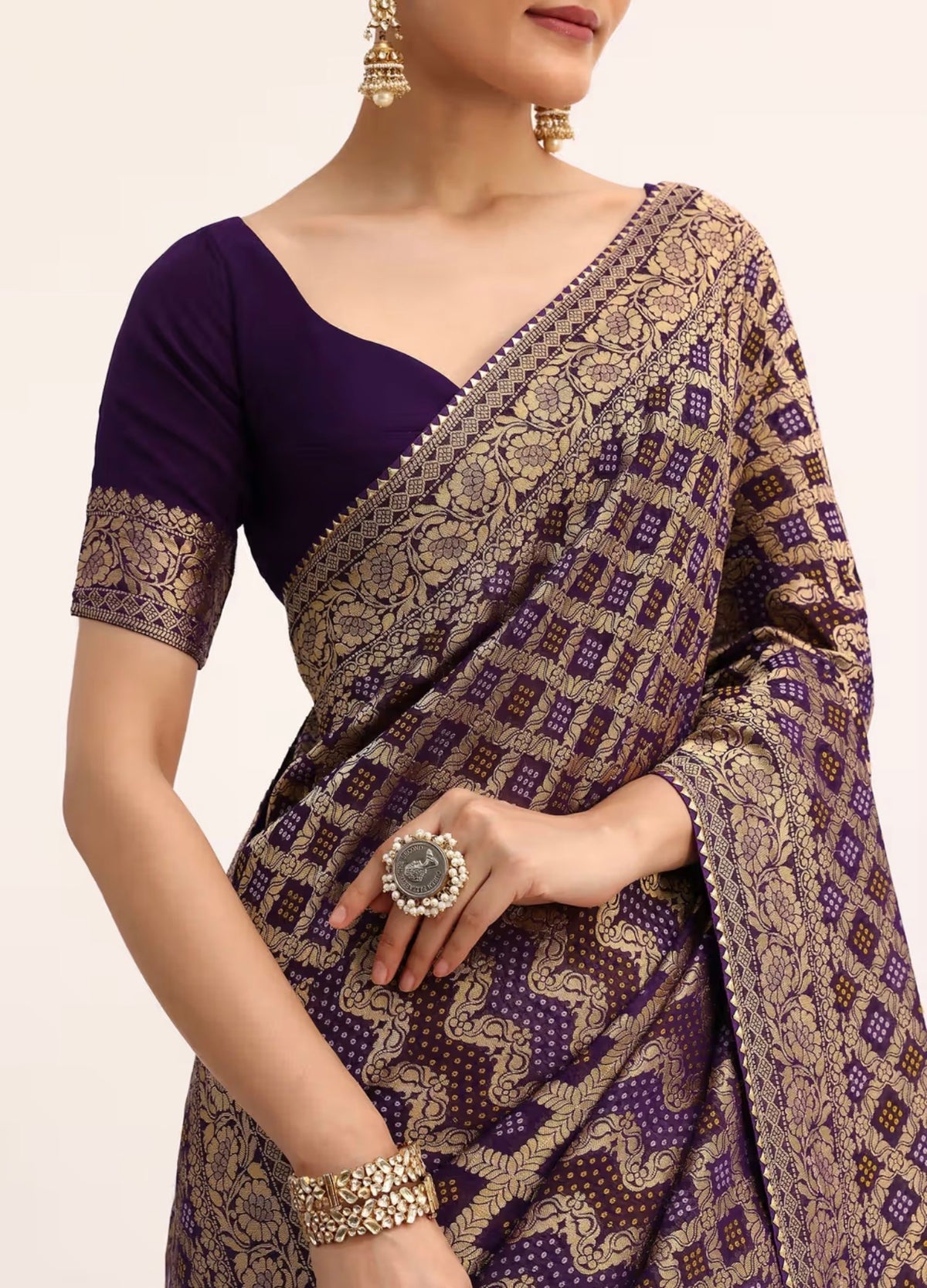 Purple Bandhani Ready Made Instant Saree - Sleeveless Blouse
