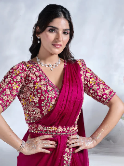 Hot Pink Satin Pre-Stitched Saree with Belt – Elegant & Easy to Wear