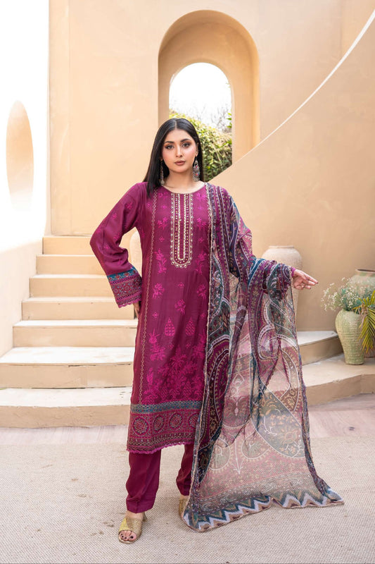 Embroidered Viscose Suit- Maroon