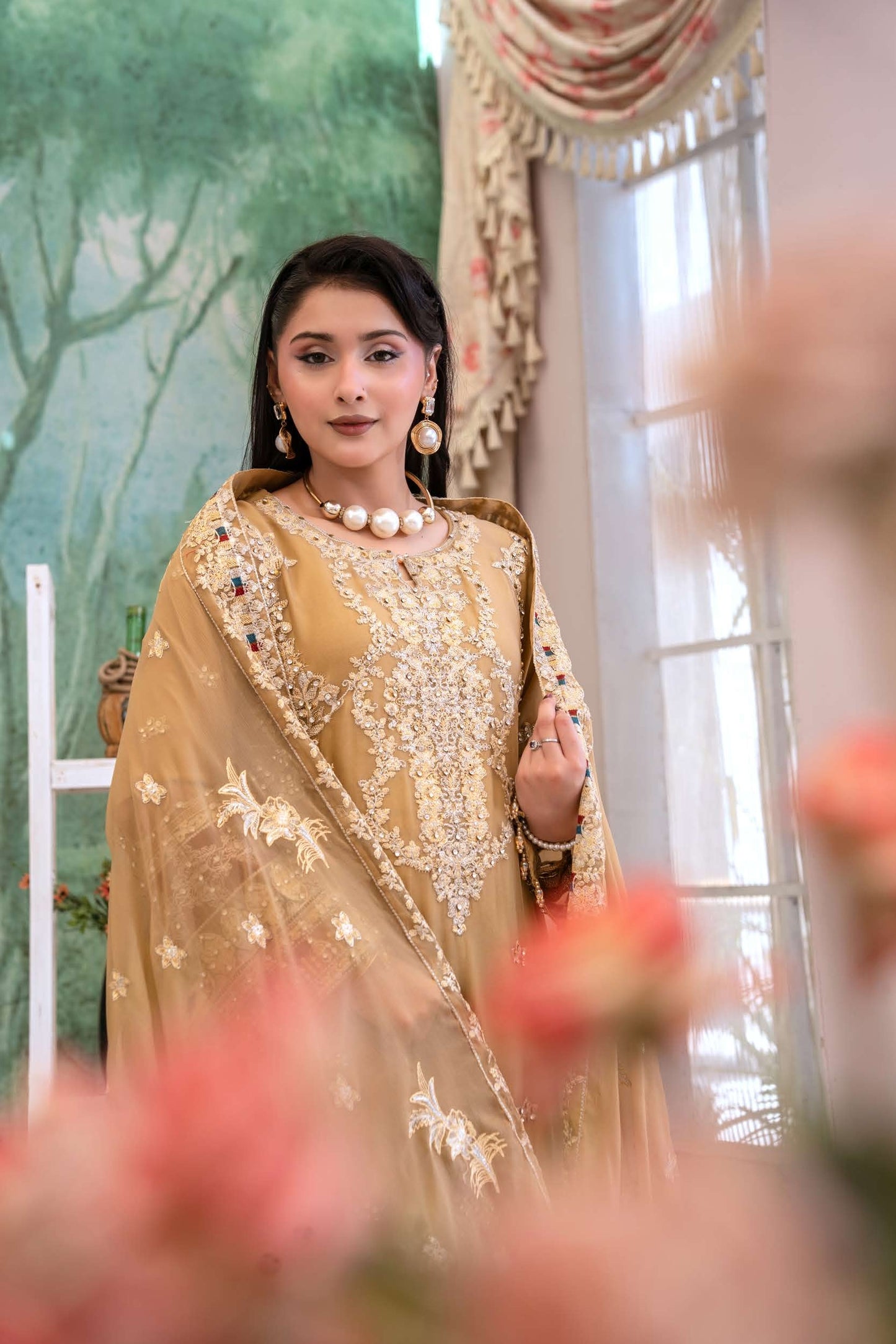 Chiffon Lux Embroidered Suit- Golden