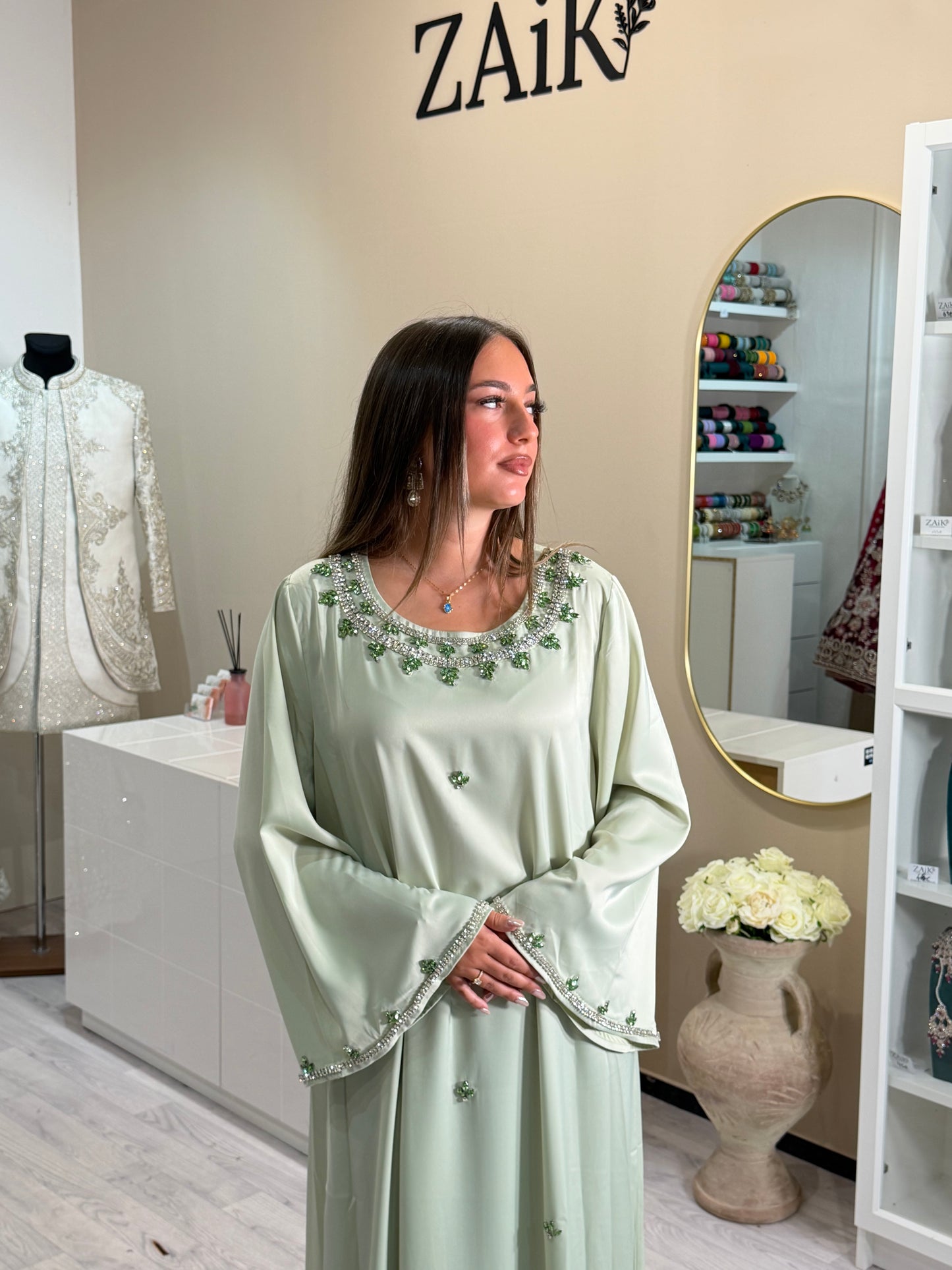 Avocado green Kaftan + Strass
