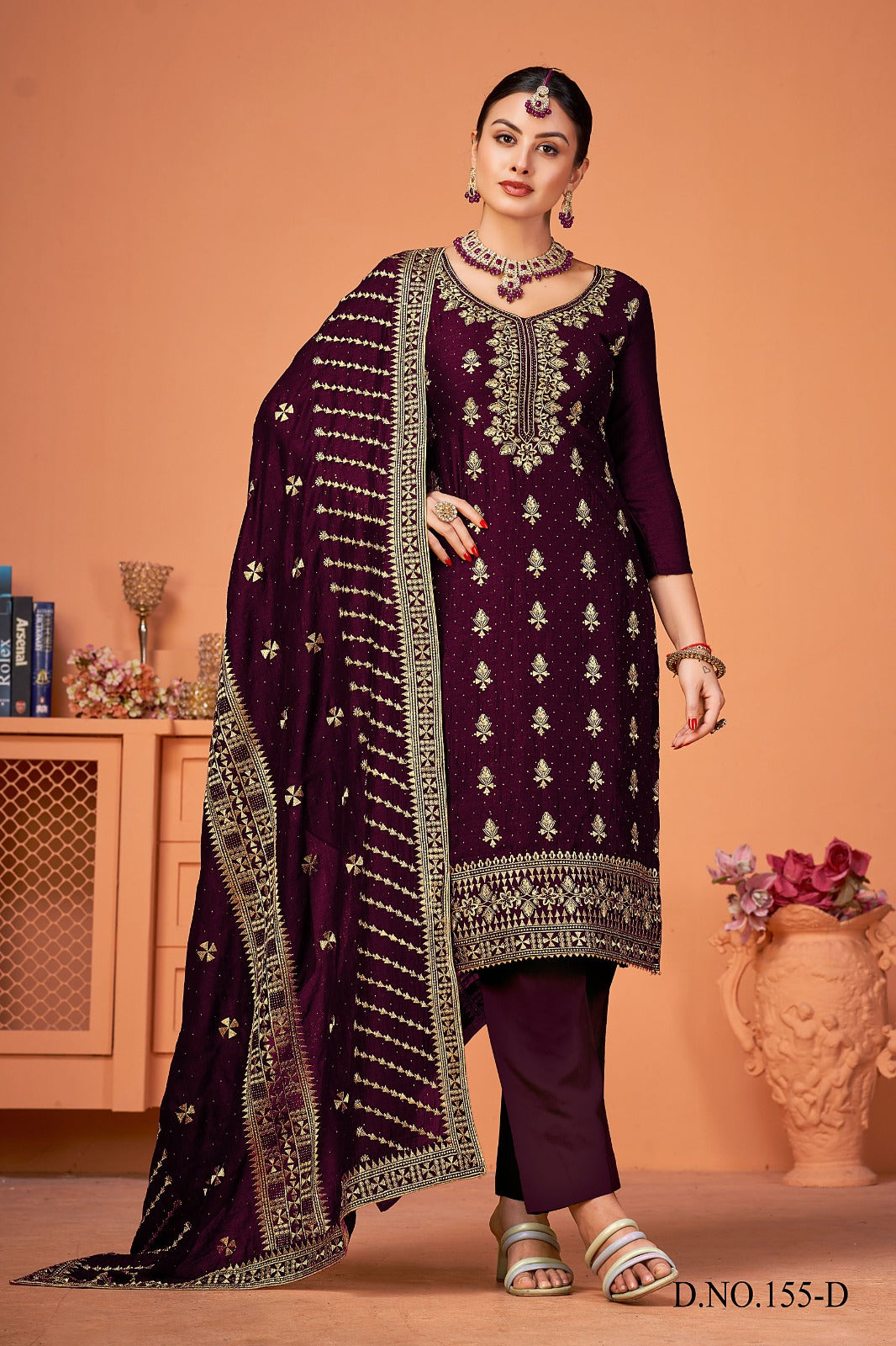 IND Burgundy Embroidered Suit 175