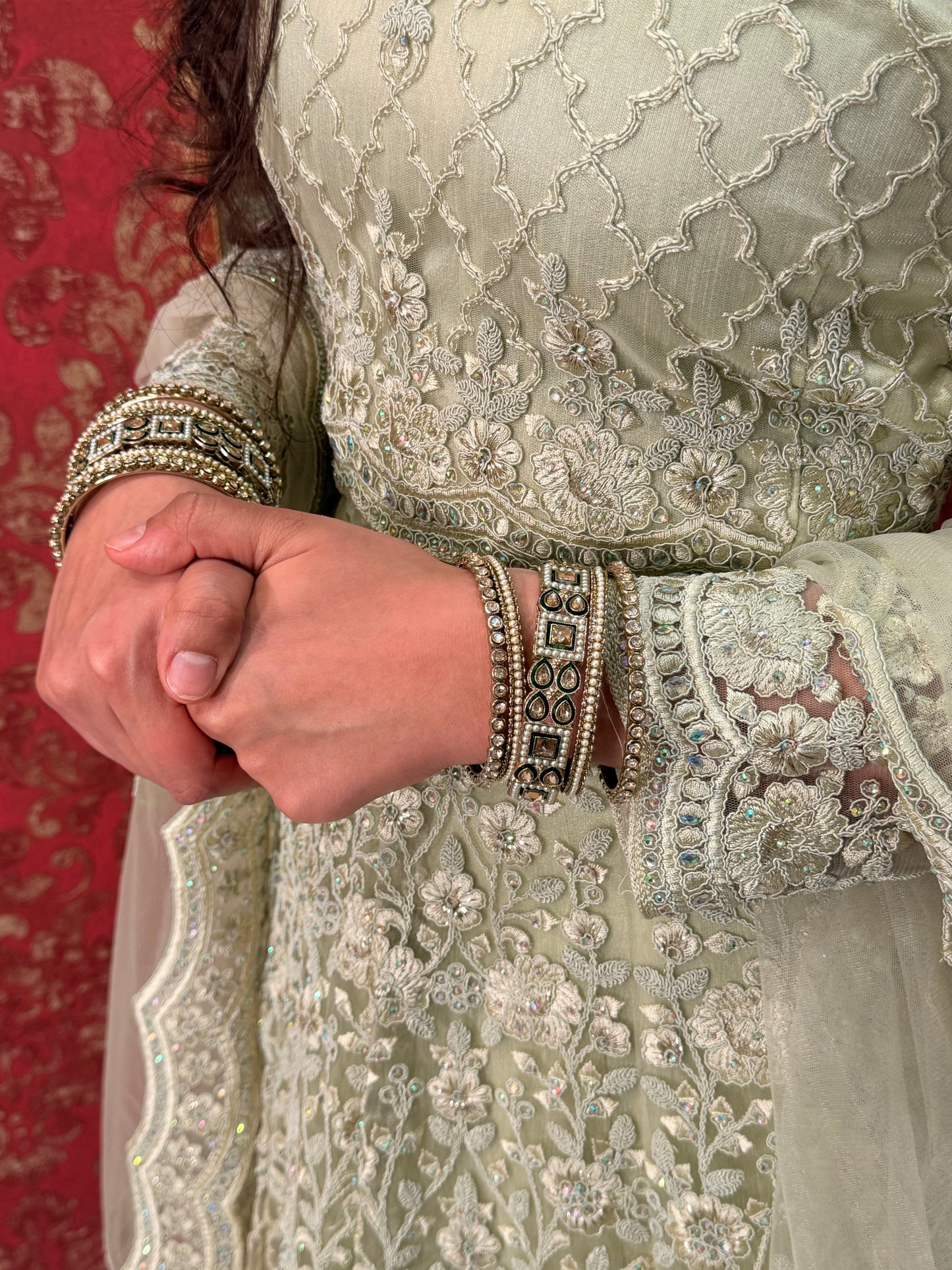 Mintgrünes Net-&-Silk-Lehenga-Set & Cutwork-Dupatta