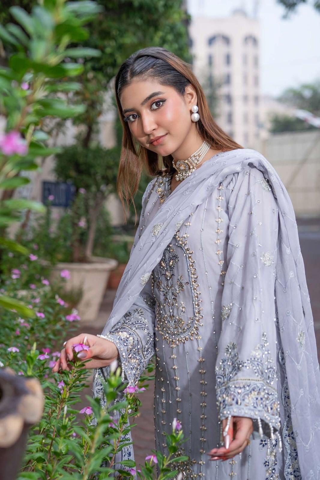 Chiffon Lux Embroidered Suit- design 9
