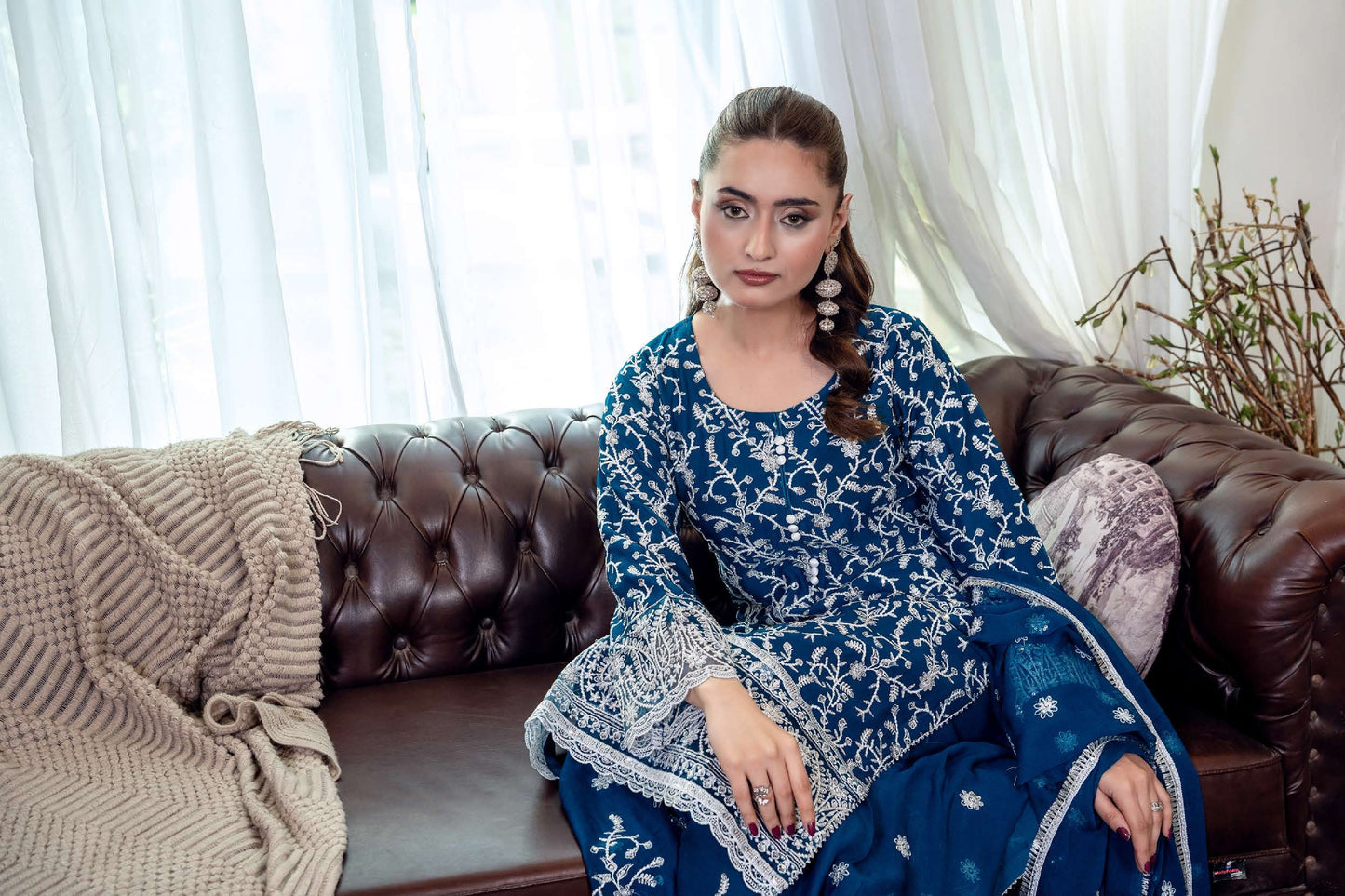 Chiffon Embroidered Suit - Navy