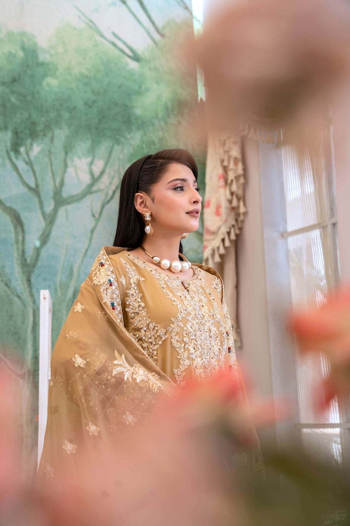 Chiffon Lux Embroidered Suit- Golden