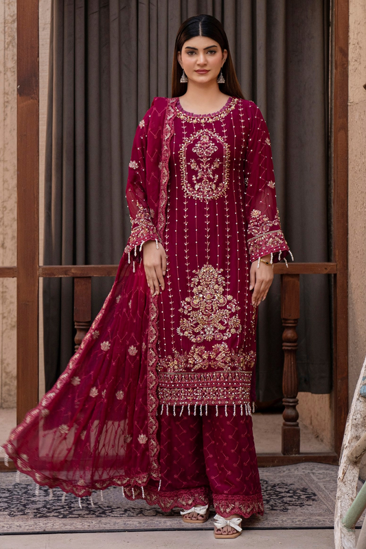 Chiffon Lux Embroidered Suit- design 2 - Hot pink