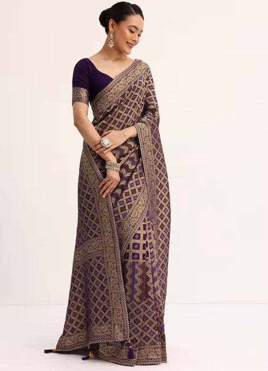 Purple Bandhani Ready Made Instant Saree - Sleeveless Blouse