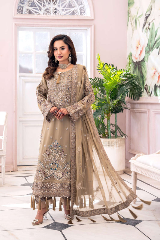 Luxury Chiffon Embroidered Suit- Beige/Braun