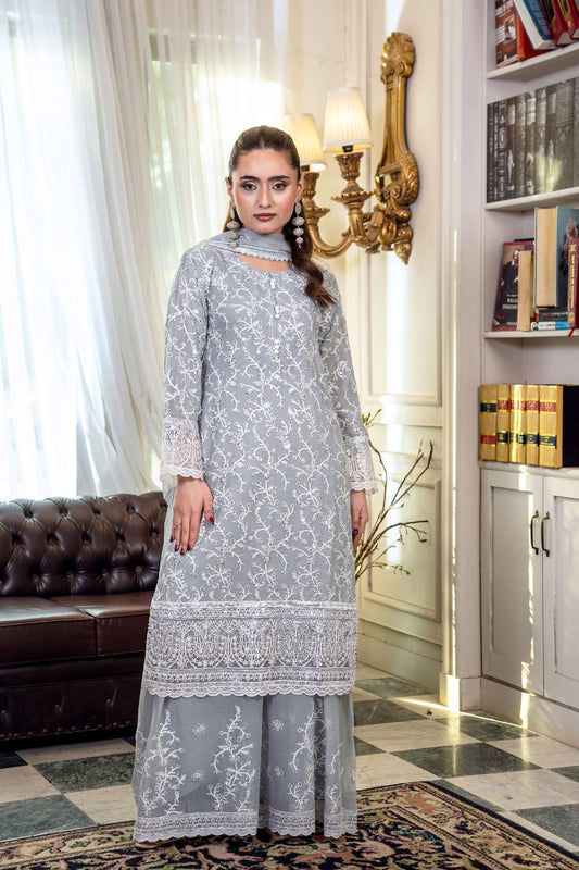Chiffon Embroidered Suit - Grey