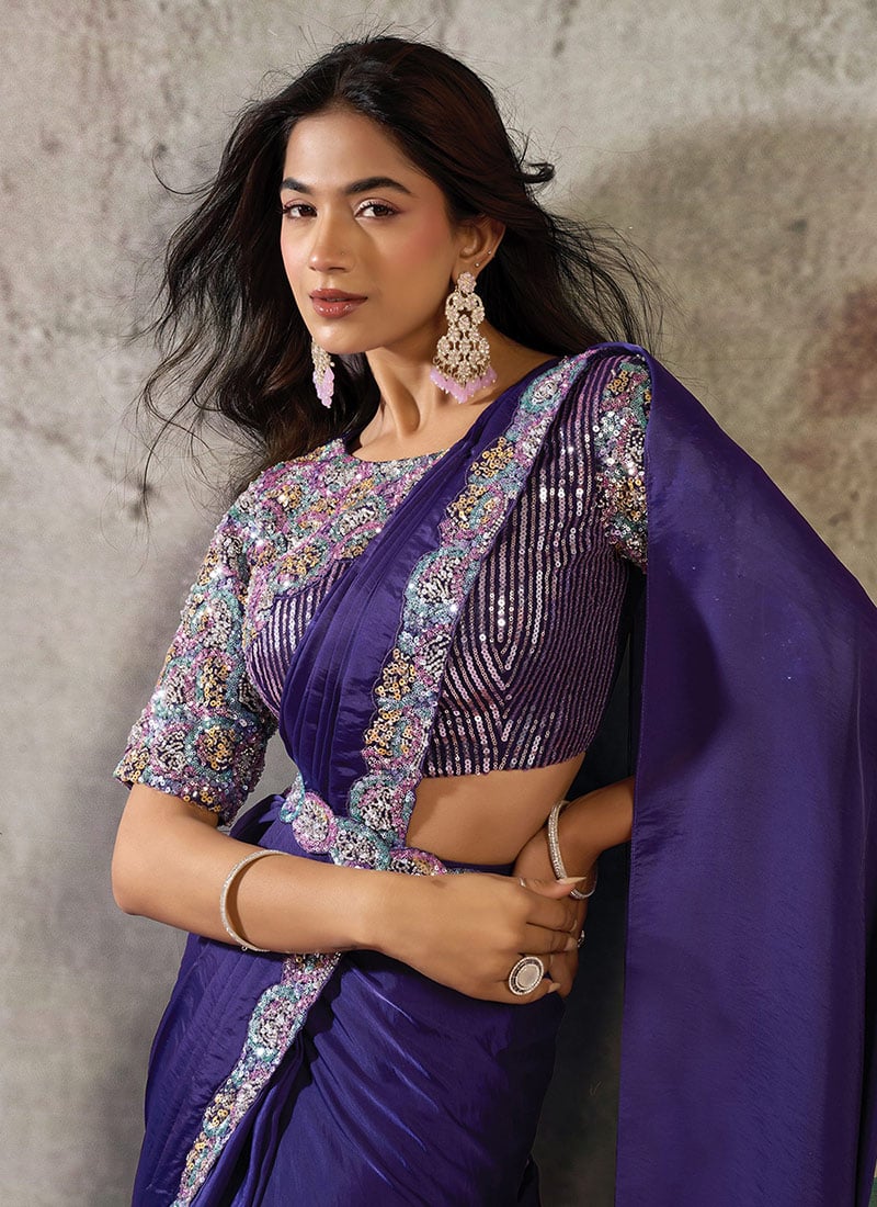 Purple Sequins Satin Pre-Stitched Saree with Belt – Elegant & Easy to Wear