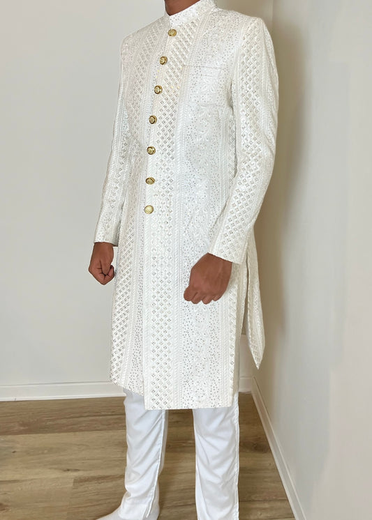 Men's Sherwani White Sequin
