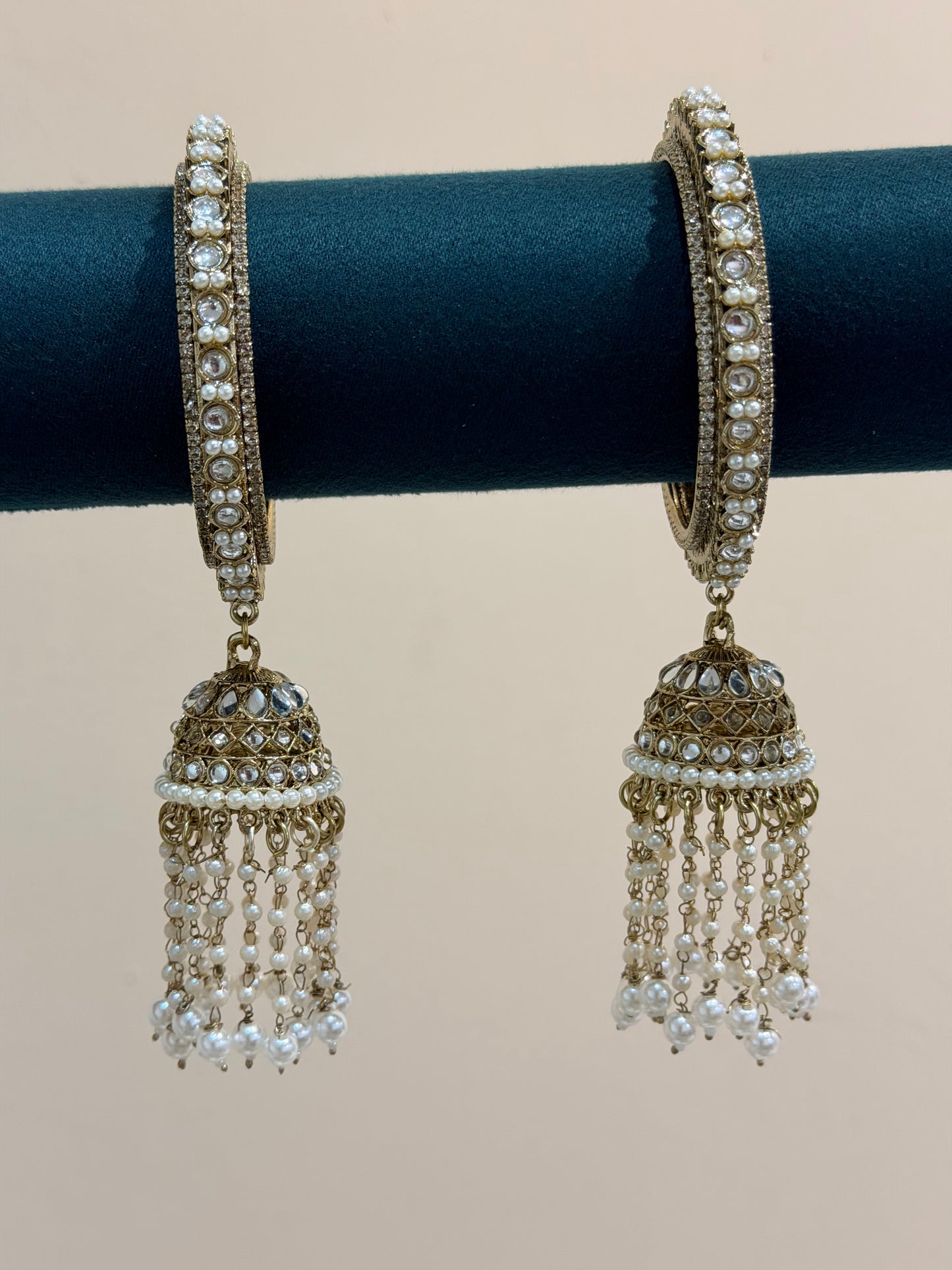 Antik-Gold Jhumka Bangles with hanging Pearls long