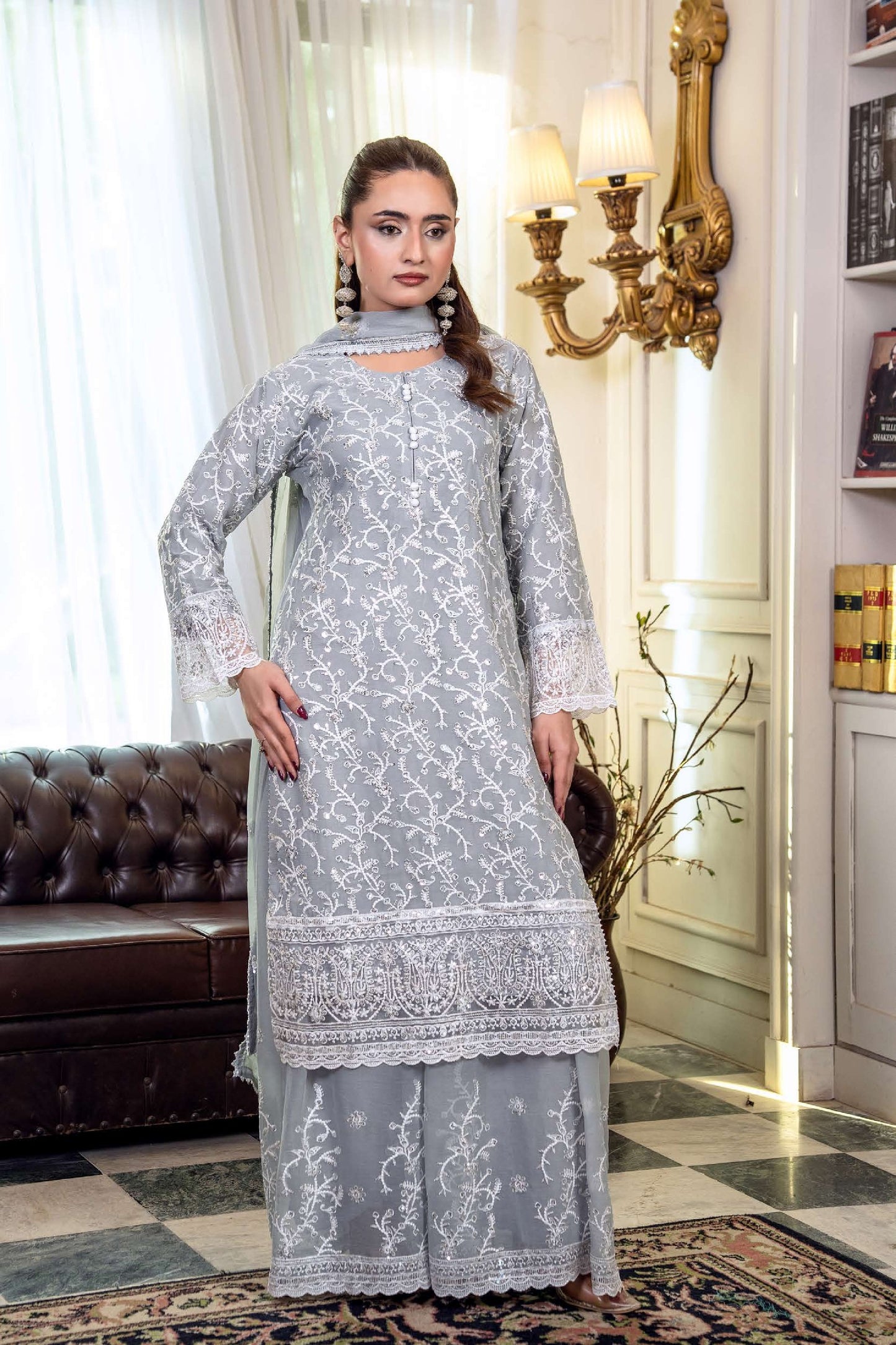 Chiffon Embroidered Suit - Grey