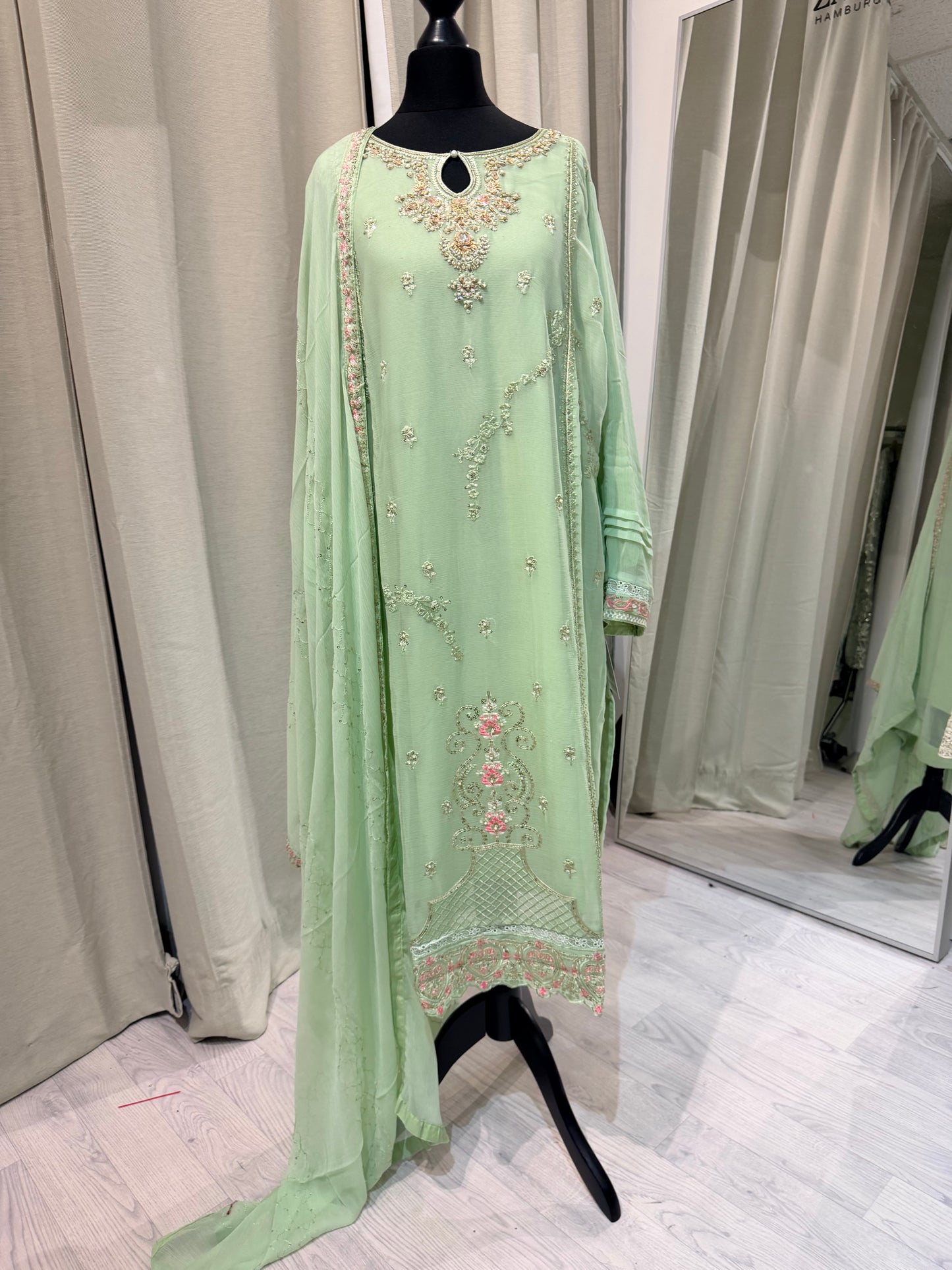 Embroidered Chiffon with work- avacado green